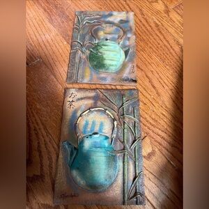 2 Vintage Silvia Vassileva Art Wall Plaque Tiles 1980's Tea Pots 4 7/8" x 6 1/2"